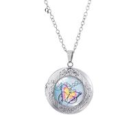 AMAZETEC Collana con medaglione rotondo in vetro cabochon a forma di farfalle blu e viola, regalo per la famiglia