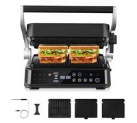 AMAZHEF Griglia Elettrica Multifunzione 6 in 1 con Sensore di Temperatura, Funzione Sear 280°C, Doppio Termostato Indipendente, Piastre Lavabili in Lavastoviglie, Waffeliera, Barbecue, Panini