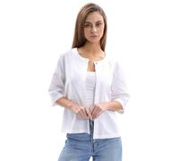 Amazhiyu Cardigan corto in cotone di lino aperto sul davanti con maniche al gomito, giacca estiva in tinta unita per spiaggia e abbigliamento casual, bianco, S