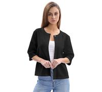 Amazhiyu Cardigan corto in cotone di lino aperto sul davanti con maniche al gomito, giacca estiva in tinta unita per spiaggia e abbigliamento casual, Nero , S