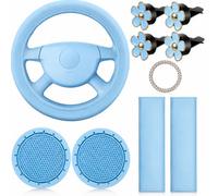 Amazleer Set di coprivolante da donna, 10 pezzi, kit universale di accessori per auto con cinture di sicurezza, spalline, portabicchieri, clip di sfiato floreale, adesivo per pulsante Start (blu)