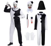 Amazluck Costume da terrifier per adulti, 7 pezzi, tuta da clown, maschera horror, guanti in lattice, coltello di plastica, sacchetto per riporre il sangue, costume per Halloween, carnevale, cosplay
