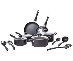 Amazon Basics Batteria da cucina, 15 unità con rivestimento antiaderente, Nero