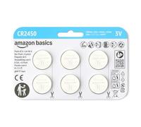 Amazon Basics, Batterie a bottone al litio CR2450, 3 volt, energia di lunga durata, senza mercurio, confezione da 6, Confezione Sicura per Bambini (Usare le Forbici per Aprire)