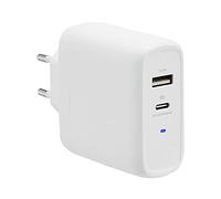 Amazon Basics Caricabatterie GaN da parete a 2 porte da 63W,1 porta USB-C da 45W e 1 porta USB-A da 18W, bianco(senza tecnologia PPS), 6,6 x 2,94 x 6,24 cm