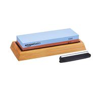 Amazon Basics Cote per affilare coltelli, double-face, grana 400/1000, con base antiscivolo in bambù, blu e rosso, 18 x 6,1 x 2,8 cm