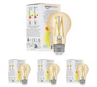 Amazon Basics - Lampadina Intelligente a Filamento LED A60, Luce Bianca Regolabile, Wi-Fi 2.4GHz, Compatibile Solo con Alexa, Confezione da 4 [Classe energetica E]