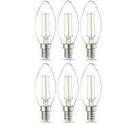 Amazon Basics lampadine a LED, con attacco Edison E14, piccole, a oliva, da 2.1 W (equivalenti a 25 W), con filamento in vetro trasparente, non dimmerabili, Confezione da 6, Bianco Caldo