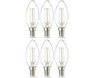 Amazon Basics lampadine a LED, con attacco Edison E14, piccole, a oliva, da 2.1 W (equivalenti a 25 W), con filamento in vetro trasparente, non dimmerabili, Confezione da 6, Bianco Caldo