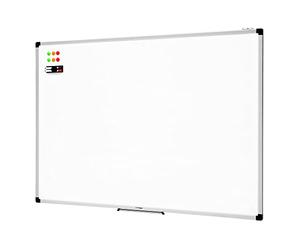 Amazon Basics - Lavagna Bianca Magnetica Cancellabile a Secco, con Vassoio Portapenne, Cornice in Alluminio, Bacheca Magnetica, Montaggio a Parete Adesivo, per Casa, Ufficio, Scuola, 120cm x 90cm