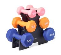 Amazon Basics - manubri neoprene set con supporto, confezione da 3 (1.5 kg, 3 kg, 5 kg), Multicolore