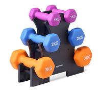 Amazon Basics - manubri neoprene set con supporto, confezione da 3 (1 kg, 2 kg, 3 kg), Multicolore