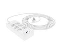 Amazon Basics - Multipresa a 6 Vie con Protezione da Sovratensioni, 4 Porte USB (1 USB-C, 3 USB-A), Prolunga, Cavo da 1,5m, 1050J, Bianco