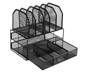 Amazon Basics Organizer da scrivania in rete con cassetto a scorrimento, due scomparti e 5 sezioni verticali, Nero