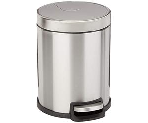 Amazon Basics Pattumiera Rotondo, Cilindrico, con pedale a chiusura ammortizzata, per bagno e spazi ridotti, 5 l, Acciaio inossidabile spazzolato