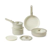 Amazon Basics Pentole Impilabili Antiaderenti in Ceramica con Manici Rimovibili, Set di 11 Pezzi, Adatte a Tutti i Piani Cottura, Grigio Lino