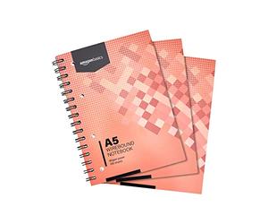 Amazon Basics Quaderno con rilegatura a spirale, 100 fogli, formato A5, 80 g/m , 200 pagine, (confezione da 3), Rosso