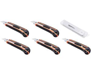 Amazon Basics Resistente taglierino retrattile con manico ergonomico e lama bloccabile in molteplici posizioni con 10 lame affilate di ricambio in apposito contenitore, confezione da 5, Arancione/Nero