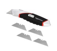 Amazon Basics Resistente taglierino retrattile ergonomico e lama bloccabile in 3 posizioni e 4 lame di ricambio da riporre nell’apposito alloggiamento integrato, Grigio