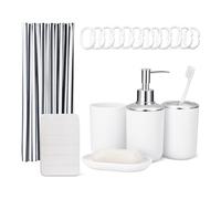 Amazon Basics Set Accessori Bagno: Tenda Doccia con Ganci, Tappetino Bagno in Memory Foam, Dispenser Sapone, Portasapone, Portaspazzolini & Bicchiere, Nero