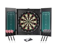 Amazon Basics, Set Bersaglio con Armadietto e 6 Freccette a Punta in Acciaio, Fibra di Sisal Autorigenerante, Tabellone Segnapunti Integrato, Kit di Montaggio, 55,2cm x 50,2cm, Nero