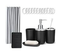 Amazon Basics Set Completo Accessori Bagno: Tenda Doccia con Ganci, Tappetino Bagno Memory Foam, Dispenser Sapone, Portasapone, Portaspazzolini & Bicchiere, Nero