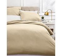 Amazon Basics Set copripiumino Matrimoniale in microfibra, 3 pezzi, copripiumino da 260 x 240 cm e 2 federe da 65 x 65 cm, Beige, a righe