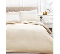 Amazon Basics Set copripiumino Una Piazza e Mezza in microfibra, 3 pezzi, copripiumino da 200 x 200 cm e 2 federe da 50 x 80 cm, Beige, a righe