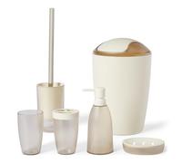Amazon Basics, Set di Accessori da Bagno con Portaspazzolino, Dispenser di Sapone, Portasapone, Bicchiere per Spazzolino, Pattumiera, Scopino e Supporto, Avorio
