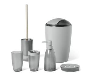 Amazon Basics, Set di Accessori da Bagno con Portaspazzolino, Dispenser di Sapone, Portasapone, Bicchiere per Spazzolino, Pattumiera, Scopino e Supporto, Grigio
