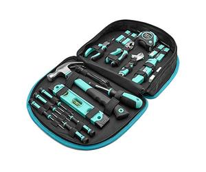 Amazon Basics Set di attrezzi con custodia rotonda per facile trasporto, 104 pezzi, 36.6 x 29 x 7.6 cm, turchese