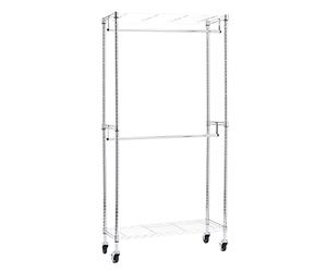 Amazon Basics Stand appendiabiti a doppia barra con rotelle, Cromato, 91 cm x 35.5 cm x 183 cm (LxPxH)