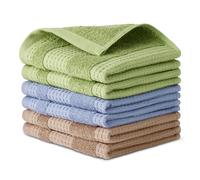 Amazon Basics Strofinacci da Cucina in Cotone Bio a Nido d'Ape, Ultra-Assorbenti, ad Asciugatura Rapida, Privi di Pelucchi, 30,5cm x 30,5cm, Confezione da 6 (2 Marroni, 2 Verde, 2 Blu Scuro)