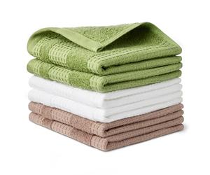 Amazon Basics - Strofinacci da Cucina in Cotone Biologico a Nido d’Ape, Ultra-Assorbenti, ad Asciugatura Rapida, Senza Lanugine, 30,5cm x 30,5cm, Confezione da 6 (2 Marroni, 2 Verde Oliva, 2 Bianchi)