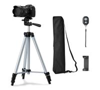 Amazon Basics - Treppiede per Telefono e Fotocamera DSLR 127cm, Leggero, con Borsa, Telecomando Wireless e Supporto per Telefono, Altezza Regolabile, Argento
