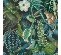 Amazon Foresta Tropicale Piante Animali - Nero e Blu JF2202 - Carta da Parati