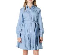 Amazon Essentials Abito Chemisier A Balze Maniche Lunghe In Denim Chambray, Aderente E Svasato Donna, Lavaggio Blu Chiaro Con Ghiaccio, S