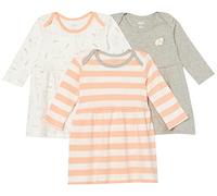 Amazon Essentials Abito da bambina a maniche lunghe in cotone, confezione da 3, grigio/rosa chiaro, a righe, bianco/coniglietto, neonato