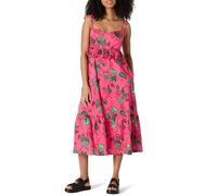 Amazon Essentials Abito Midi a Trapezio con Volant in Raso di Cotone Vita Impero Donna, Rosa Shocking Rosso Leafy Floral, L