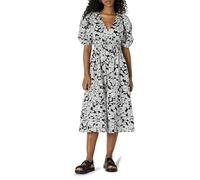 Amazon Essentials Abito Midi in Raso di Cotone con Busto Aderente e Gonna Svasata, Maniche a Sbuffo e Scollo a V Donna, Nero Avorio Folk Floral, XXL