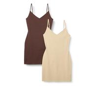 Amazon Essentials Abito Sottoveste A Strati in Cotone Slim Fit Donna, Pacco da 2, Cammello Chiaro/Marrone, M