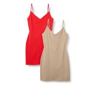 Amazon Essentials Abito Sottoveste A Strati in Cotone Slim Fit Donna, Pacco da 2, Rosso Papavero Brillante/Tan, XXS