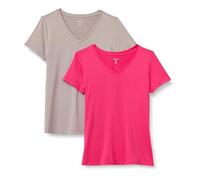 Amazon Essentials AE - Active T-Shirt Tecnica Elasticizzata a Maniche Corte con Scollo a V (Confezione da Due) Donna, Pacco da 2, Beige/Rosa Shocking, XS
