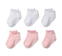 Amazon Essentials Bambine e ragazze Calzini alla Caviglia con Bordo a Lattuga, Pacco da 6, Bianco/Rosa, L (8-12 anni)