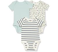 Amazon Essentials Body a Maniche Corte in Jersey di Cotone Elasticizzato (precedentemente Amazon Aware) Unisex Bimbi, Pacco da 3, Azzurro Opaco/Beige Coniglietto/Blu Marino Righe, 0 Mesi