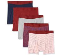 Amazon Essentials Boxer da uomo, comodi in cotone, senza etichette, confezione da 5, motivo floreale blu scuro/grigio mélange/rosa chiaro con stampa a rombi/blu navy/rosso, taglia XS