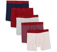 Amazon Essentials Boxer in Jersey di Cotone (Disponibile nelle Taglie Big & Tall) Uomo, Pacco da 5, Blu Marino/Diamond Geo/Grigio Puntinato/Rosso Scuro, XS