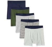 Amazon Essentials Boxer Intimi, in Morbido Cotone, Senza Etichetta Uomo, Pacco da 5, Blu Marino/Grigio Puntinato/Stampa Rugby/Verde Floreale/Verde Oliva, XS