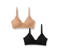 Amazon Essentials Bralette con Scollo a V Foderata in Microfibra Effetto Pesca con Bordo in Pizzo Donna, Pacco da 2, Bronzo Lavato/Nero, S