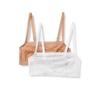 Amazon Essentials Bralette con Scollo Quadrato in Pizzo Elasticizzato Completamente Ricamato Donna, Pacco da 2, Bianco/Bronzo Lavato, L